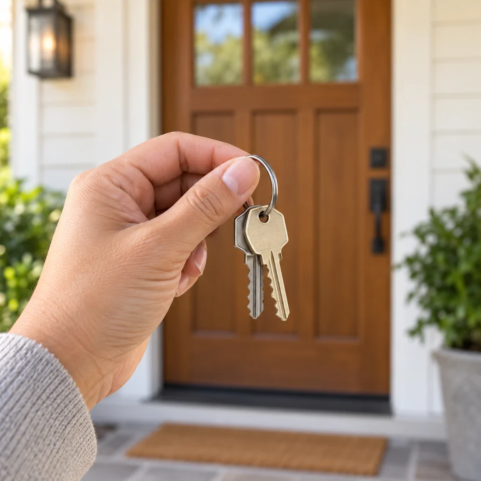 A hand holding house keys by a front door